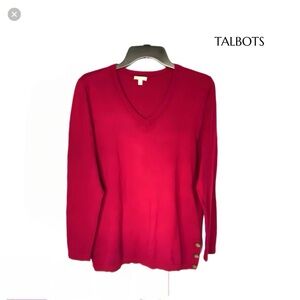 Talbots M Burgundy V-Neck Sweater with Button Accents long sleeves cotton blend
